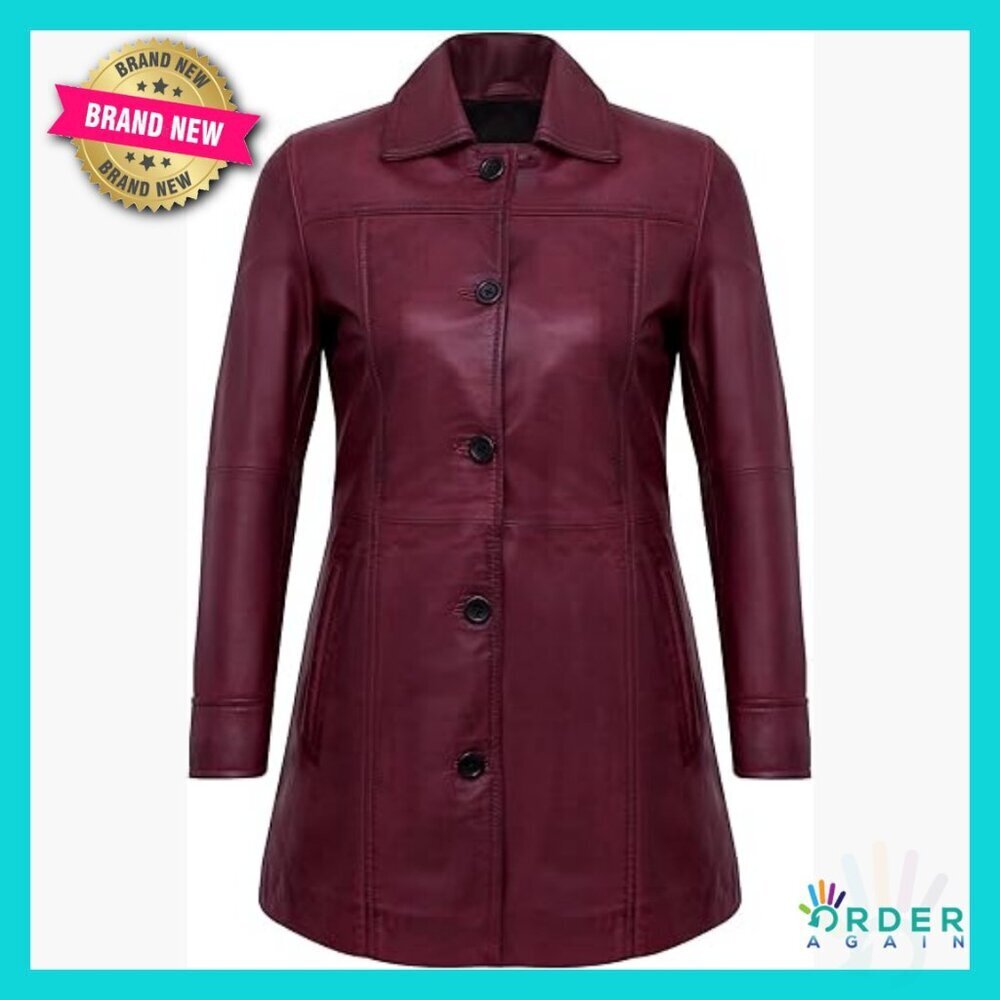 Real Lambskin Leather Car Coat Long Jacket Women's Classic Elegant Chic